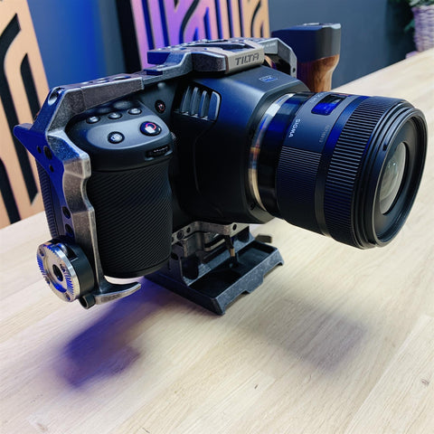 Black Magic Design 6K Camera With Sigma 30mm 1:1.4DC Zoom Lens, Tilta Cage Frame, Power Cable, USB Cable, 2 Way Battery Charger & X3 Batteries