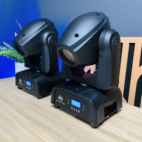 ADJ Focus Spot One Professional DJ Disco Moving Head Lights (pair) and Swan Flight Case