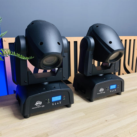 ADJ Focus Spot One Professional DJ Disco Moving Head Lights (pair) and Swan Flight Case