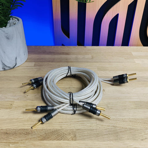 QED Silver Special 25th Anniversary Edition Speaker Cables 2.5m (pair) fitted with QED Airloc Banana Connectors