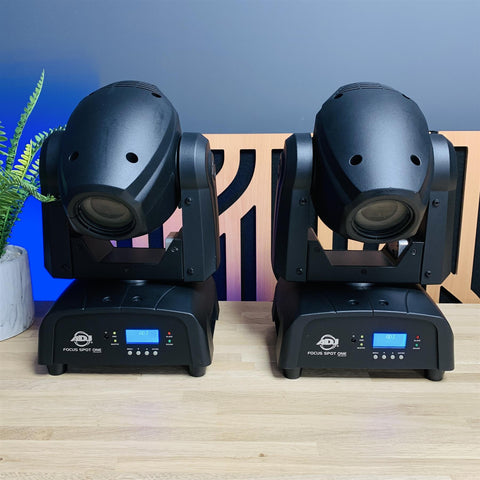 ADJ Focus Spot One Professional DJ Disco Moving Head Lights (pair) and Swan Flight Case